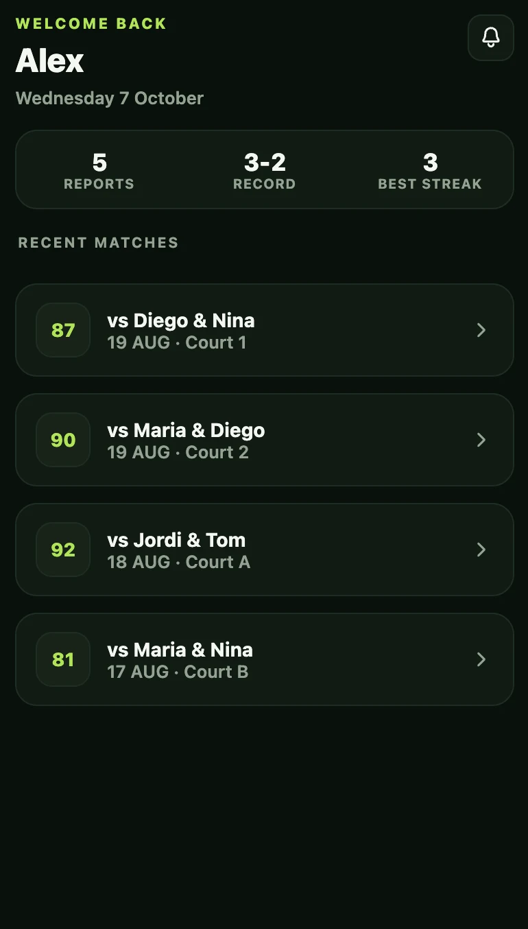 Home screen with reports, win-loss record, best streak and a list of recent matches with scores