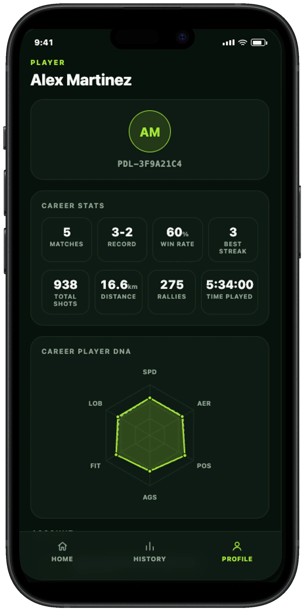 Padel Connect app: Player profile with career stats and player DNA chart