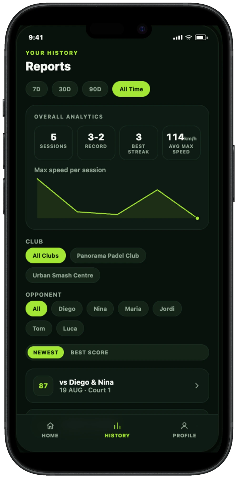 Padel Connect app: Reports screen with session history and max speed chart